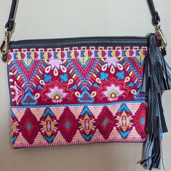 Johnny Was Laurell Fringe Floral Embroidery Bag Zip Handbag Black Pink Purse NEW - Picture 2 of 9